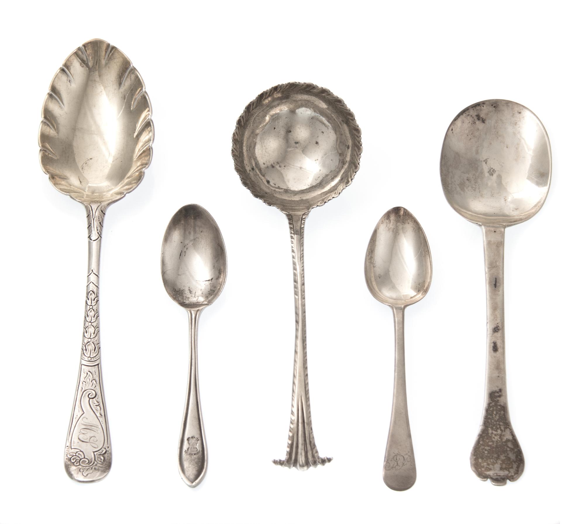 A Collection of Georgian Silver Spoons, Various Makers, comprising two trefid form table spoons; a Hanoverian table spoon; a George III