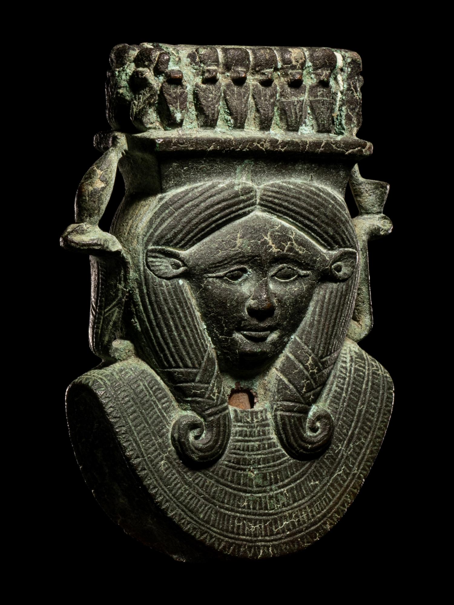An Egyptian Bronze Hathor Sistrum Terminal