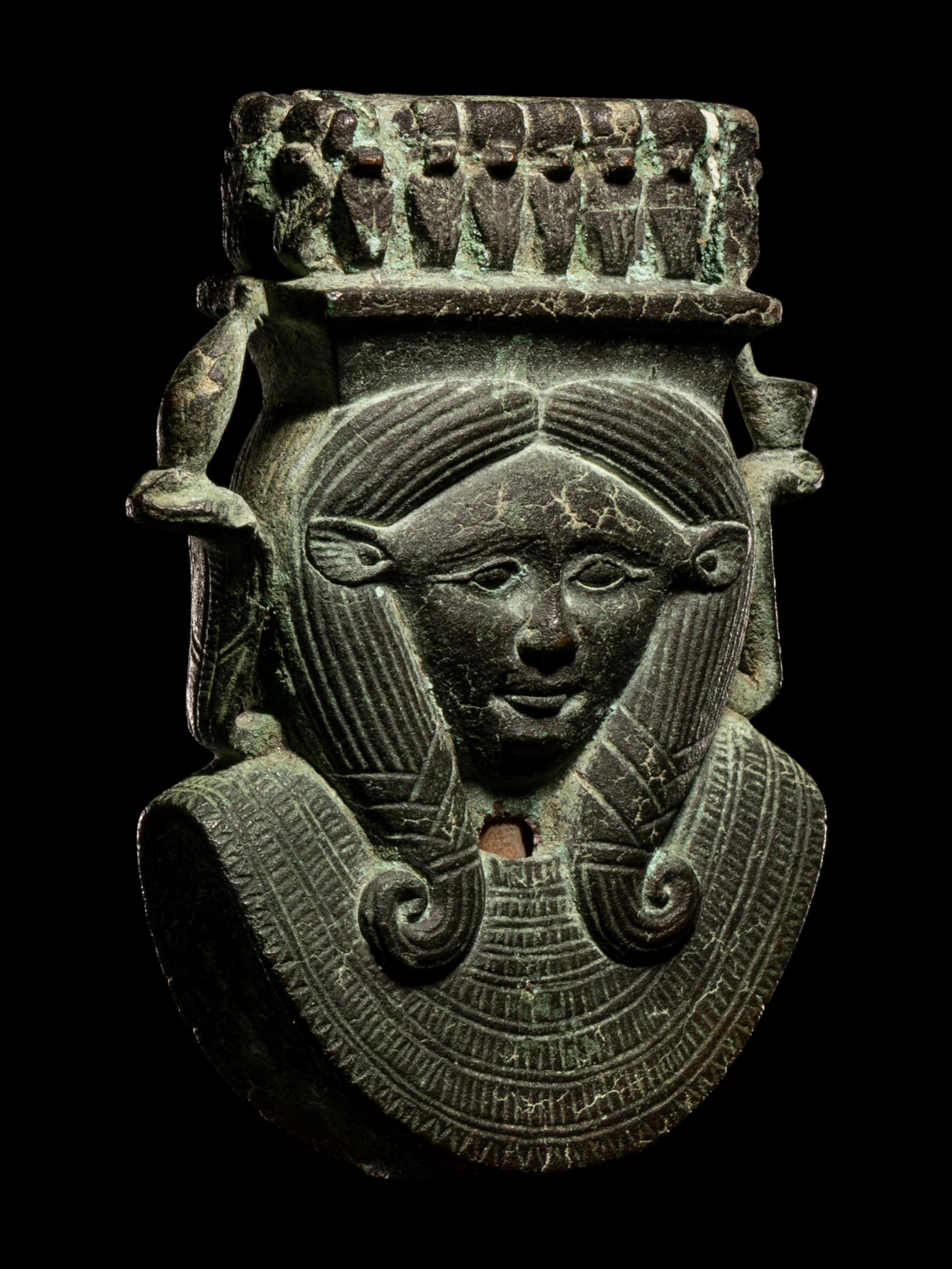 An Egyptian Bronze Hathor Sistrum Terminal