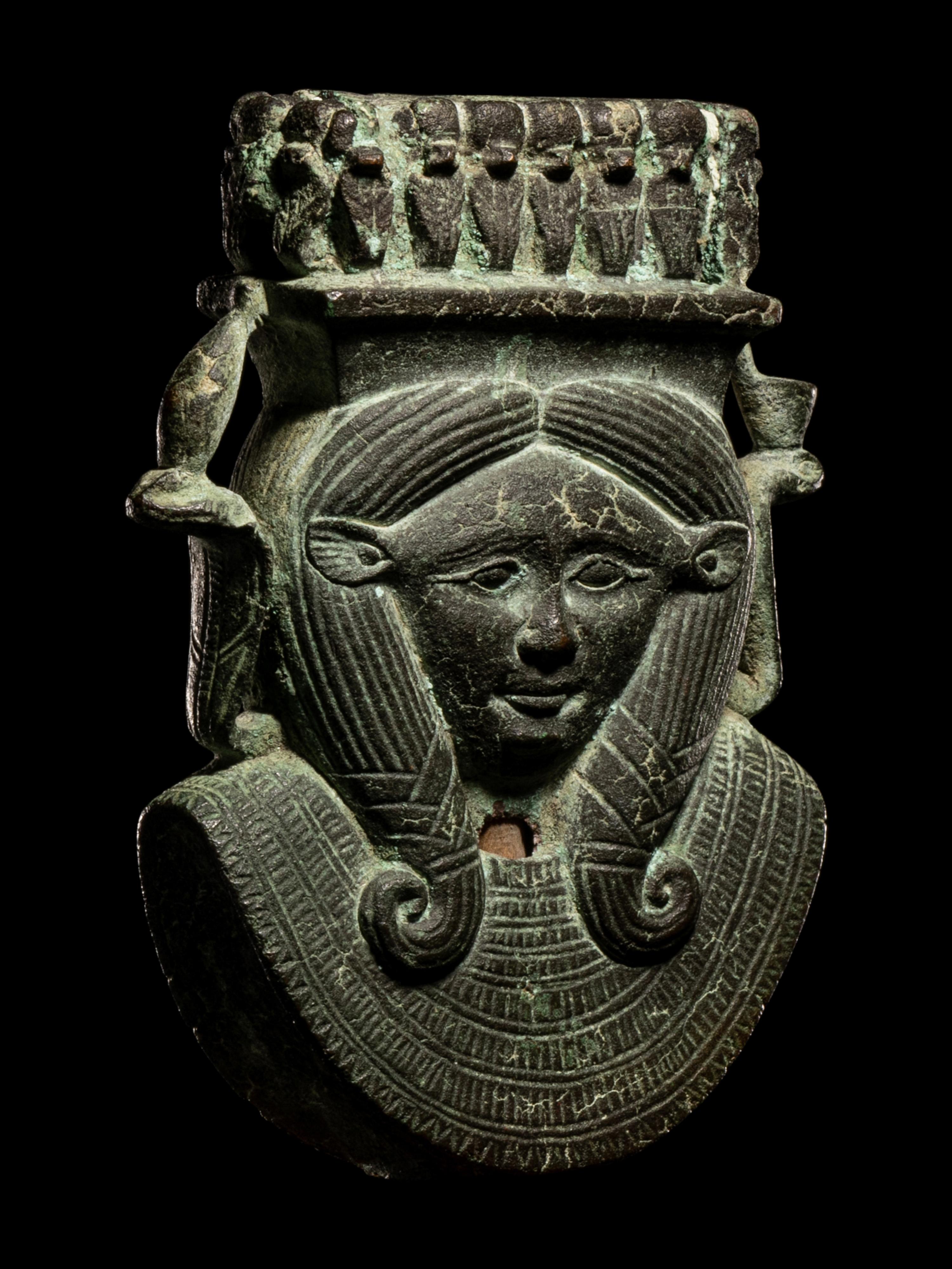 An Egyptian Bronze Hathor Sistrum Terminal