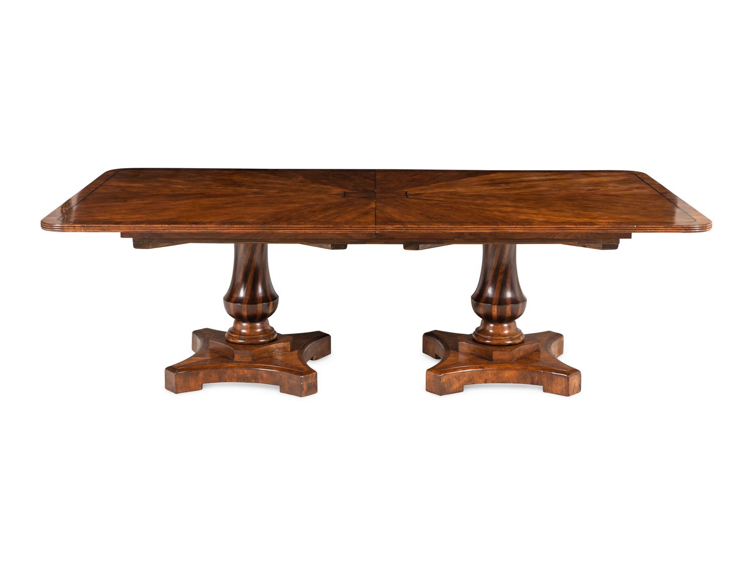A Brass Inlaid Walnut Two-Pedestal Dining Table