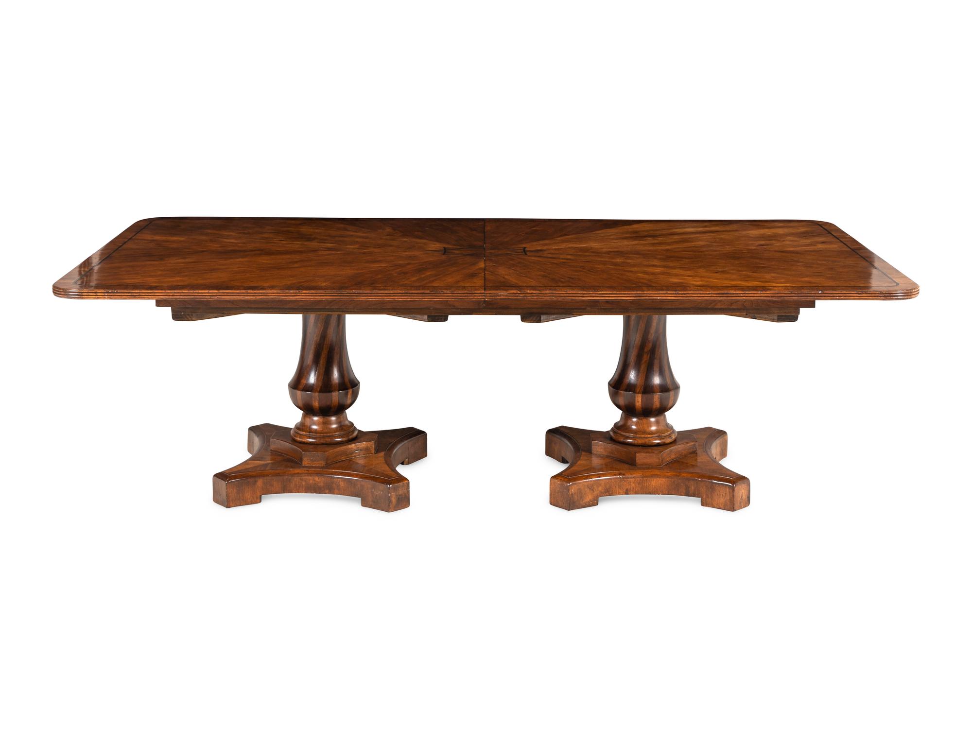 A Brass Inlaid Walnut Two-Pedestal Dining Table
