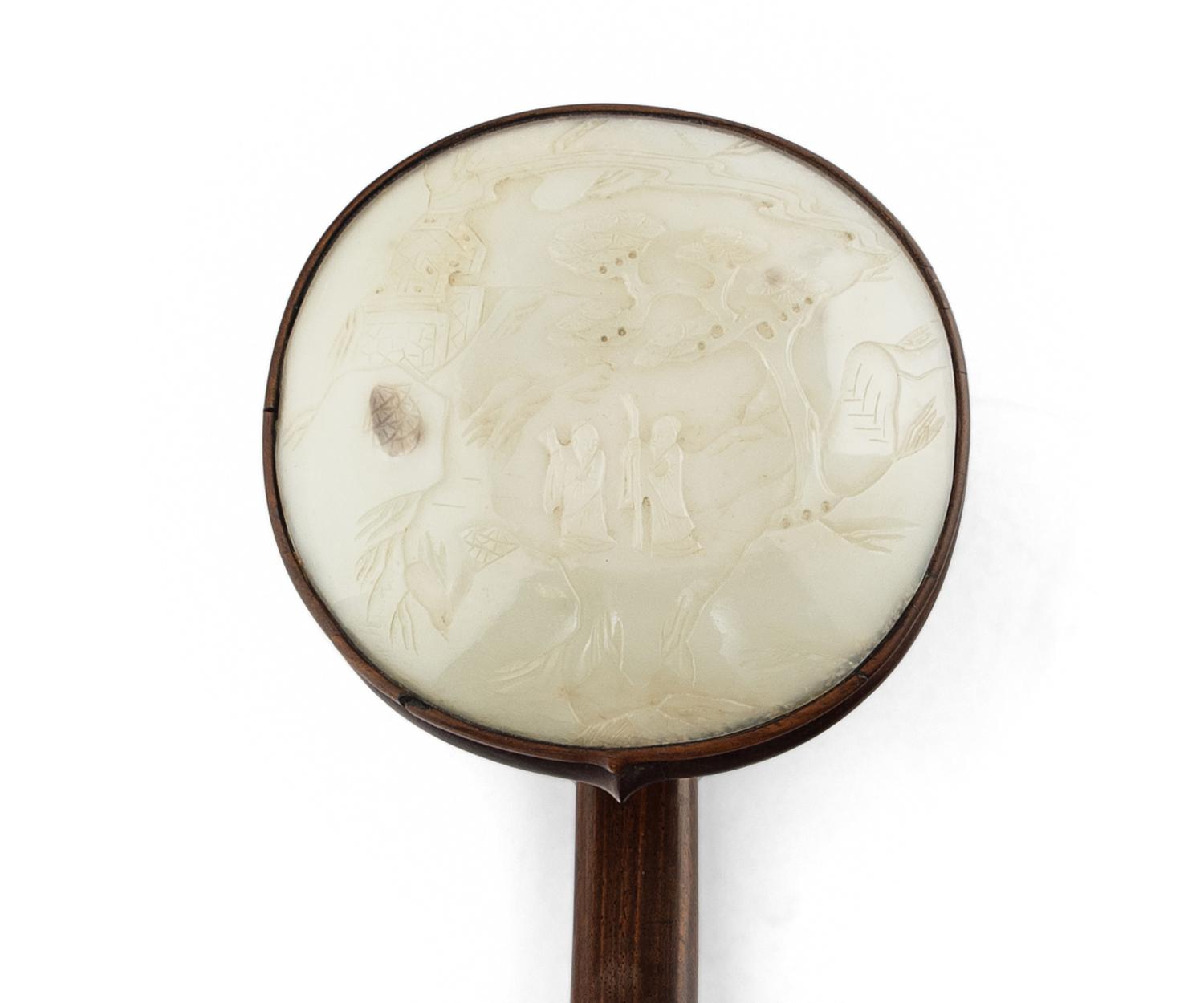 A Chinese White Jade Inset Wood Ruyi Scepter