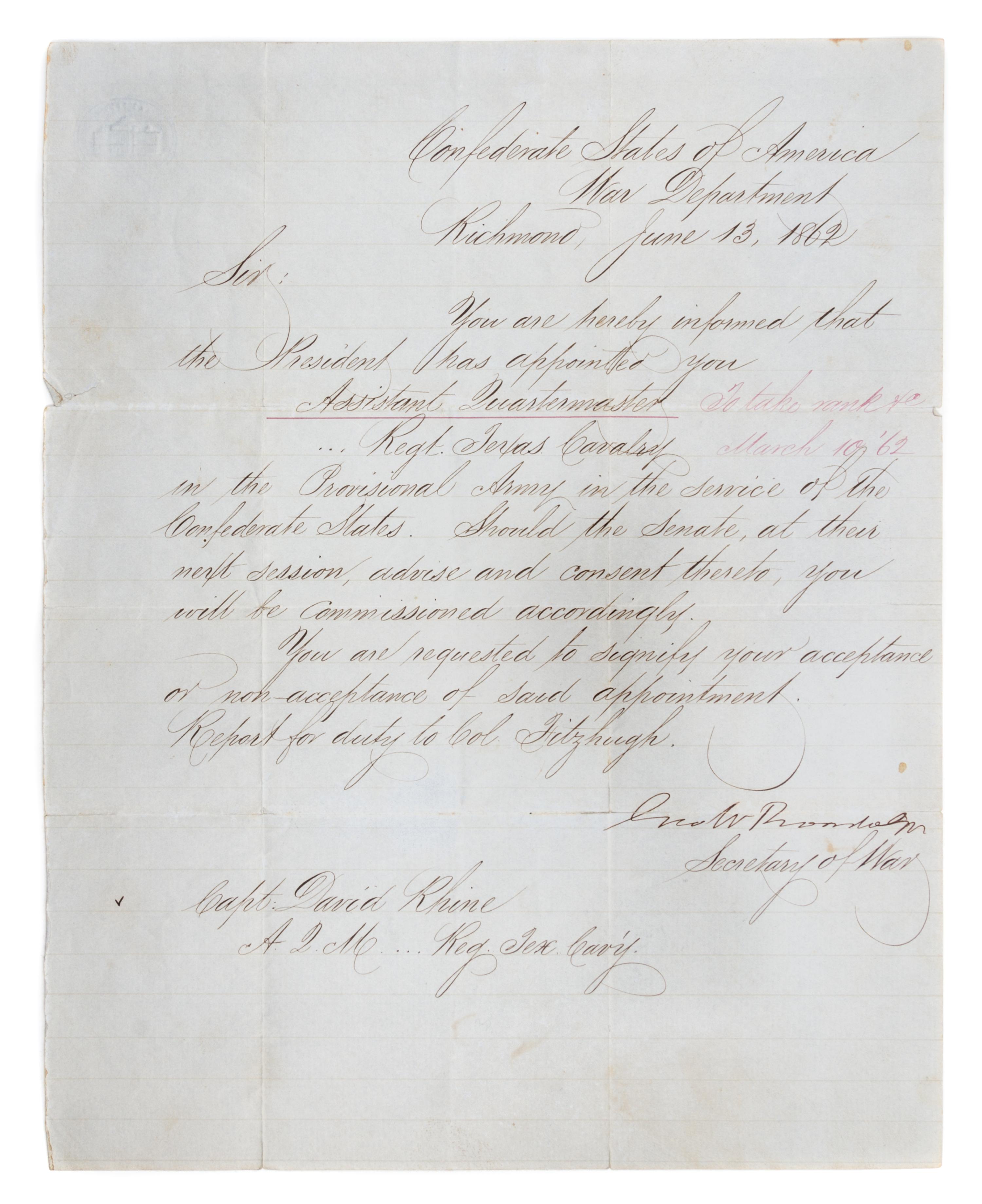 (CIVIL WAR) RANDOLPH, GEORGE W. Autographed letter signed, Virginia, June 13, 1862. Re: appointment of Capt. David Rhine to TX Calvalry