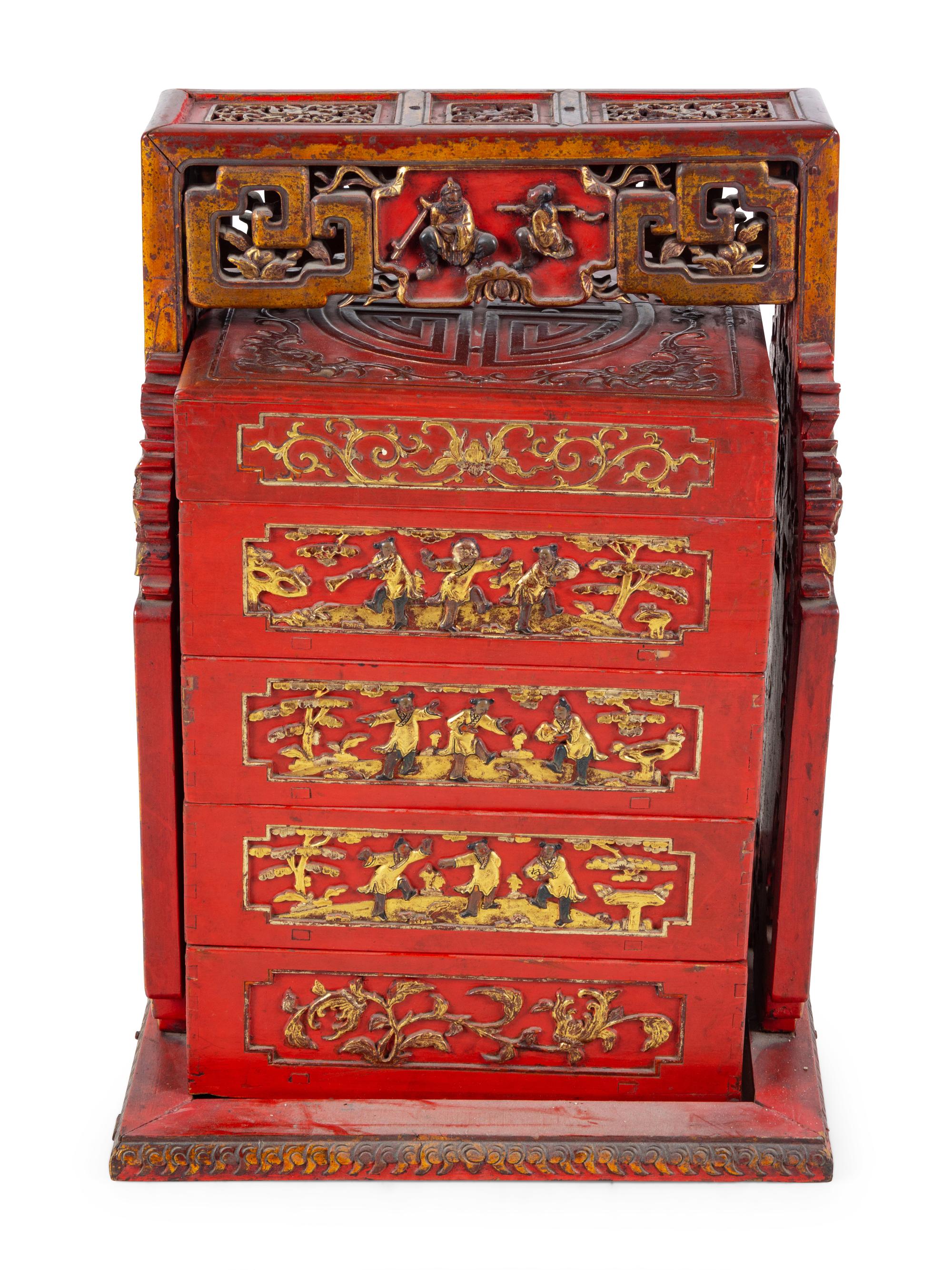 A Chinese Export Gilt and Lacquered Locking Cabinet