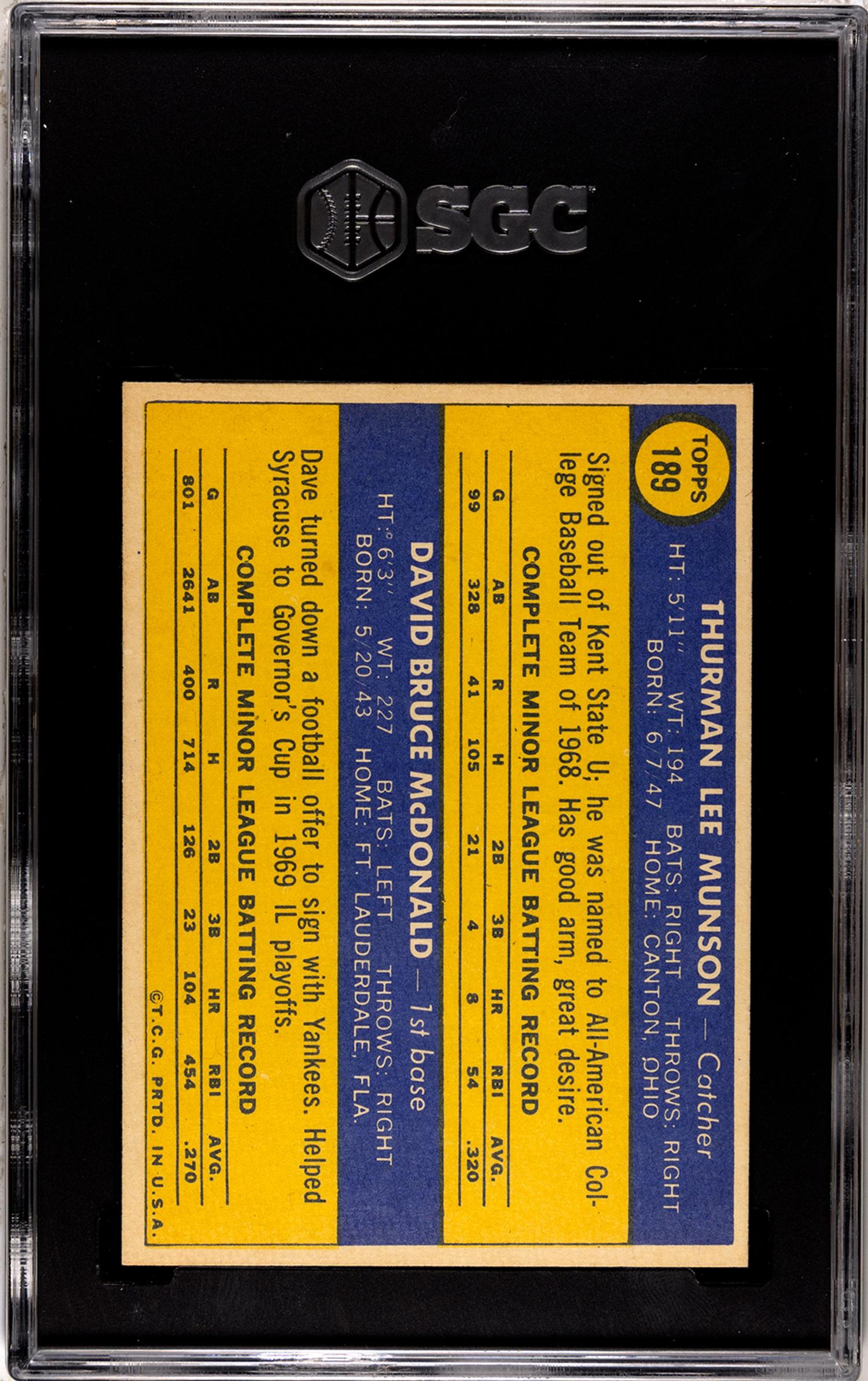 A 1970 Topps Thurman Munson Rookie Baseball Card No. 189 (SGC 7 NM)