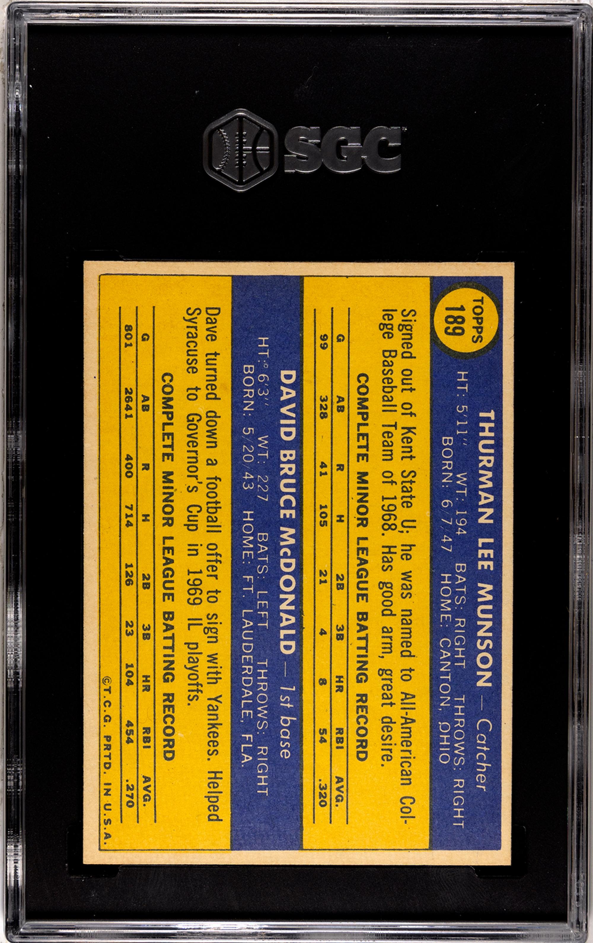 A 1970 Topps Thurman Munson Rookie Baseball Card No. 189 (SGC 7 NM)
