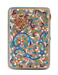 A Russian Enameled Silver Cigarette Case, Mark of Grigory Sbitnev, Moscow, Late 19th/Early 20th Century, the case worked to show polych