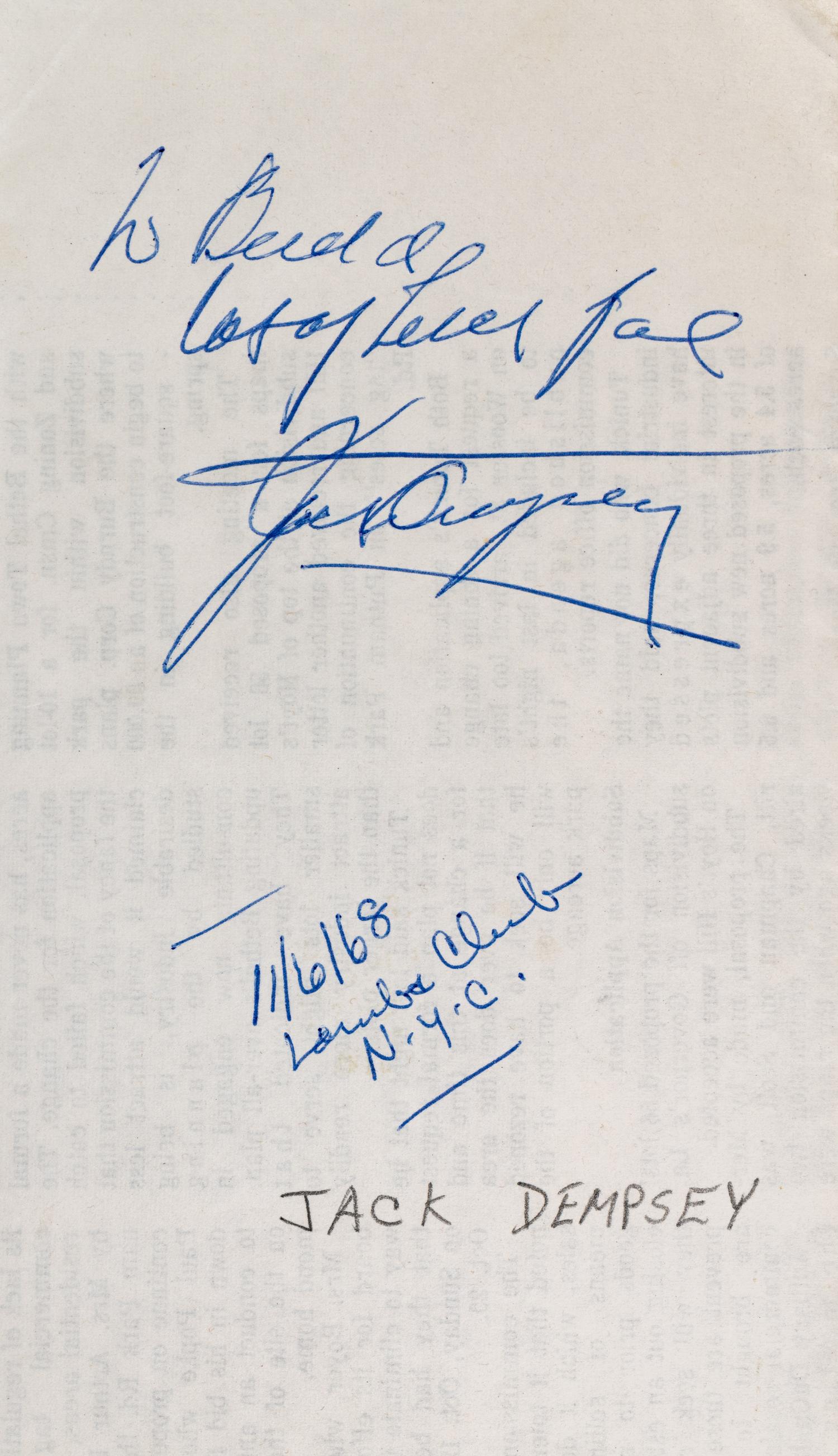 A Group of Heavyweight Champion Jack Dempsey Items Including a Letter from Tex Rickard's Widow With Fascinating Content,