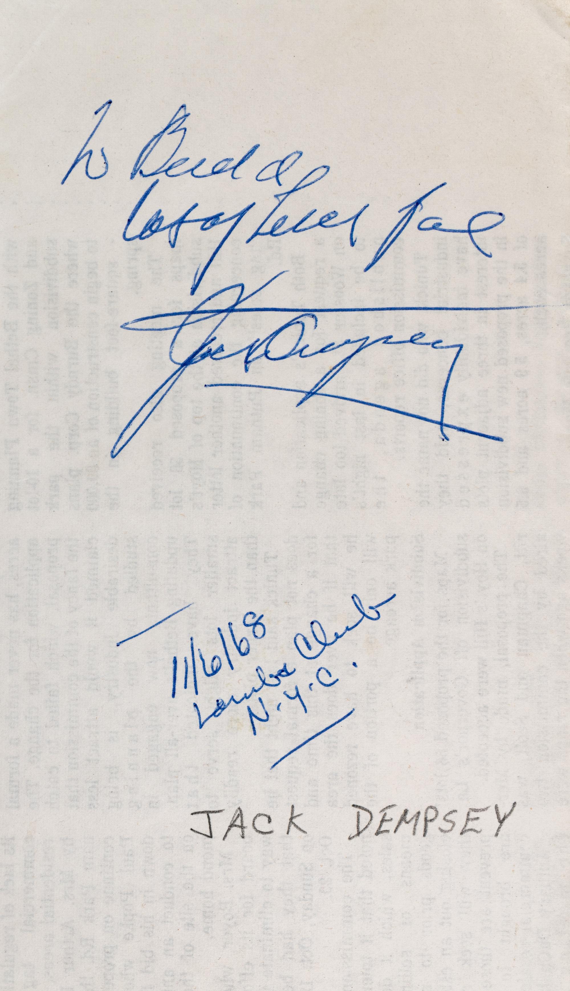A Group of Heavyweight Champion Jack Dempsey Items Including a Letter from Tex Rickard's Widow With Fascinating Content,