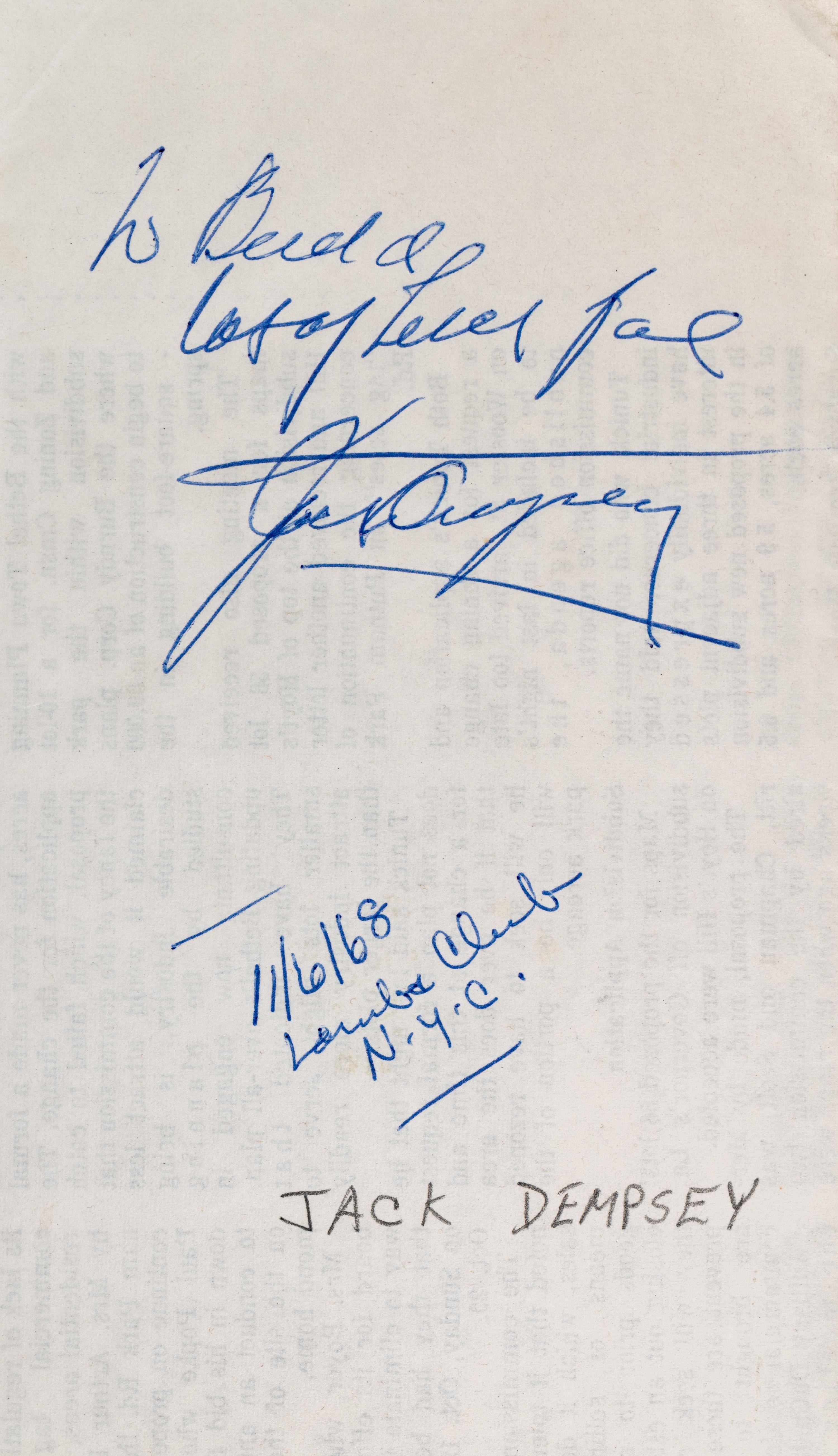 A Group of Heavyweight Champion Jack Dempsey Items Including a Letter from Tex Rickard's Widow With Fascinating Content,