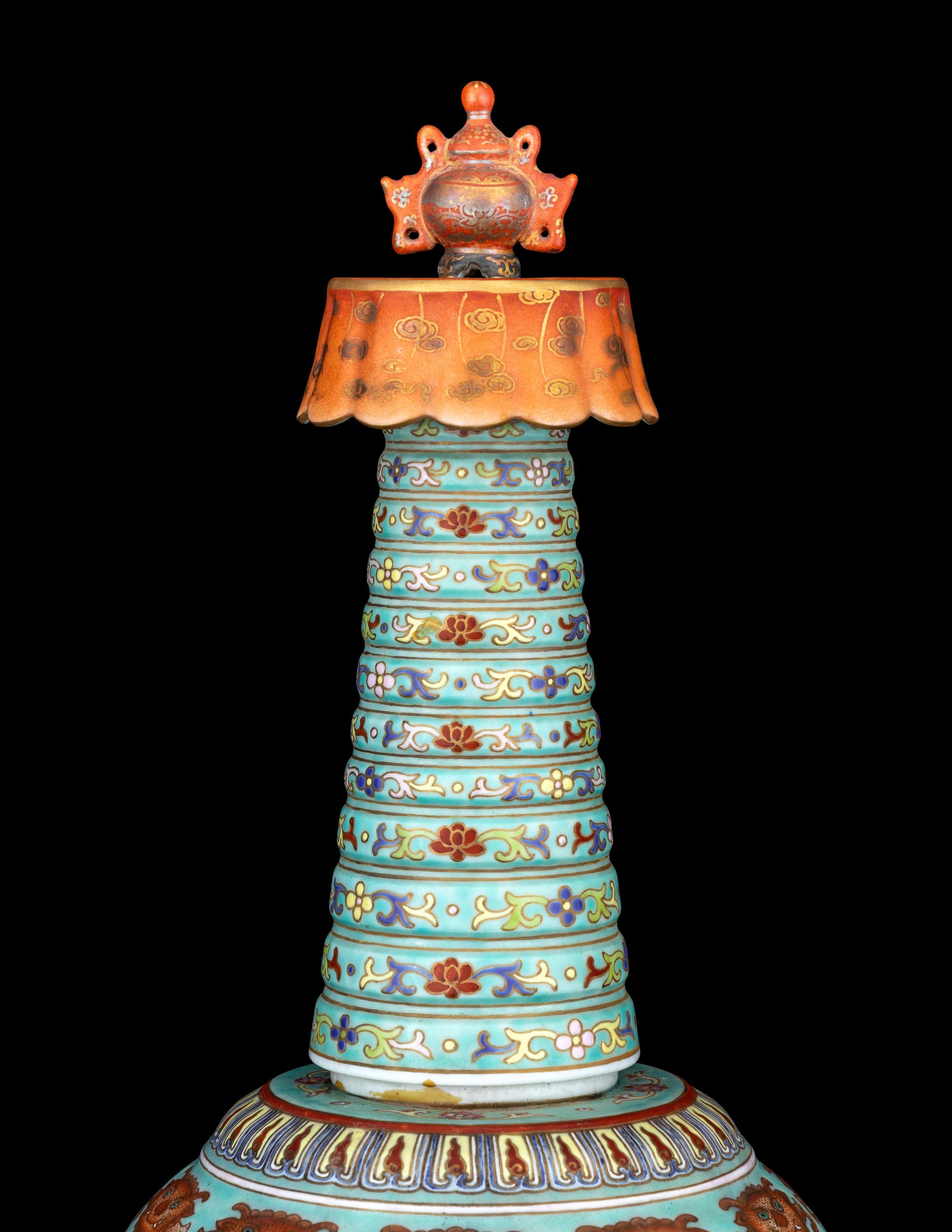 A Turquoise Glazed Famille Rose Porcelain Pagoda