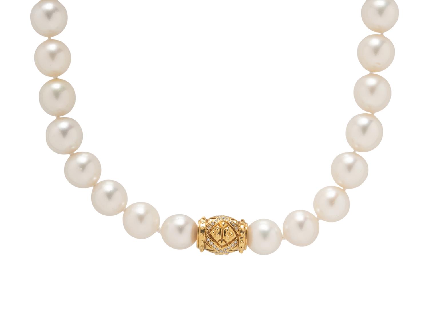 SOUTH SEA CULTURED PEARL, YELLOW GOLD, AND DIAMOND NECKLACE