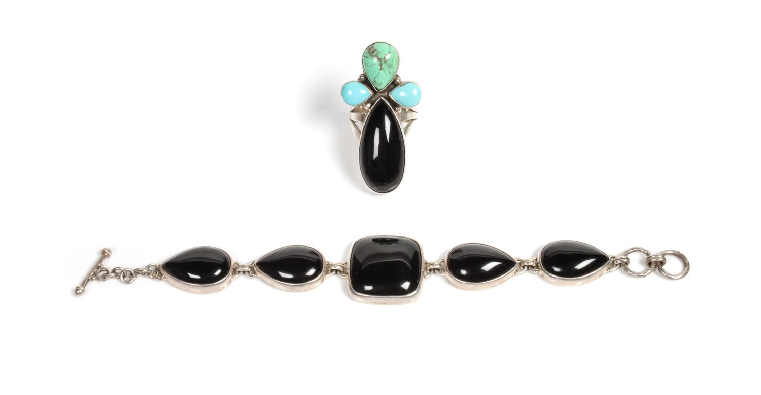 Southwestern Silver and Onyx Link Bracelet and Ring Length of bracelet 6 1/2 inches