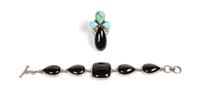 Southwestern Silver and Onyx Link Bracelet and Ring Length of bracelet 6 1/2 inches