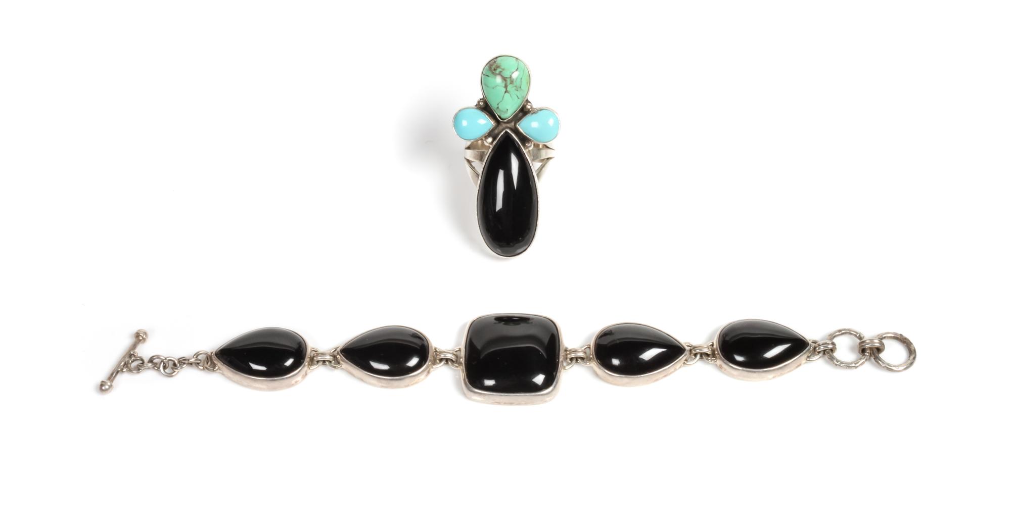 Southwestern Silver and Onyx Link Bracelet and Ring Length of bracelet 6 1/2 inches