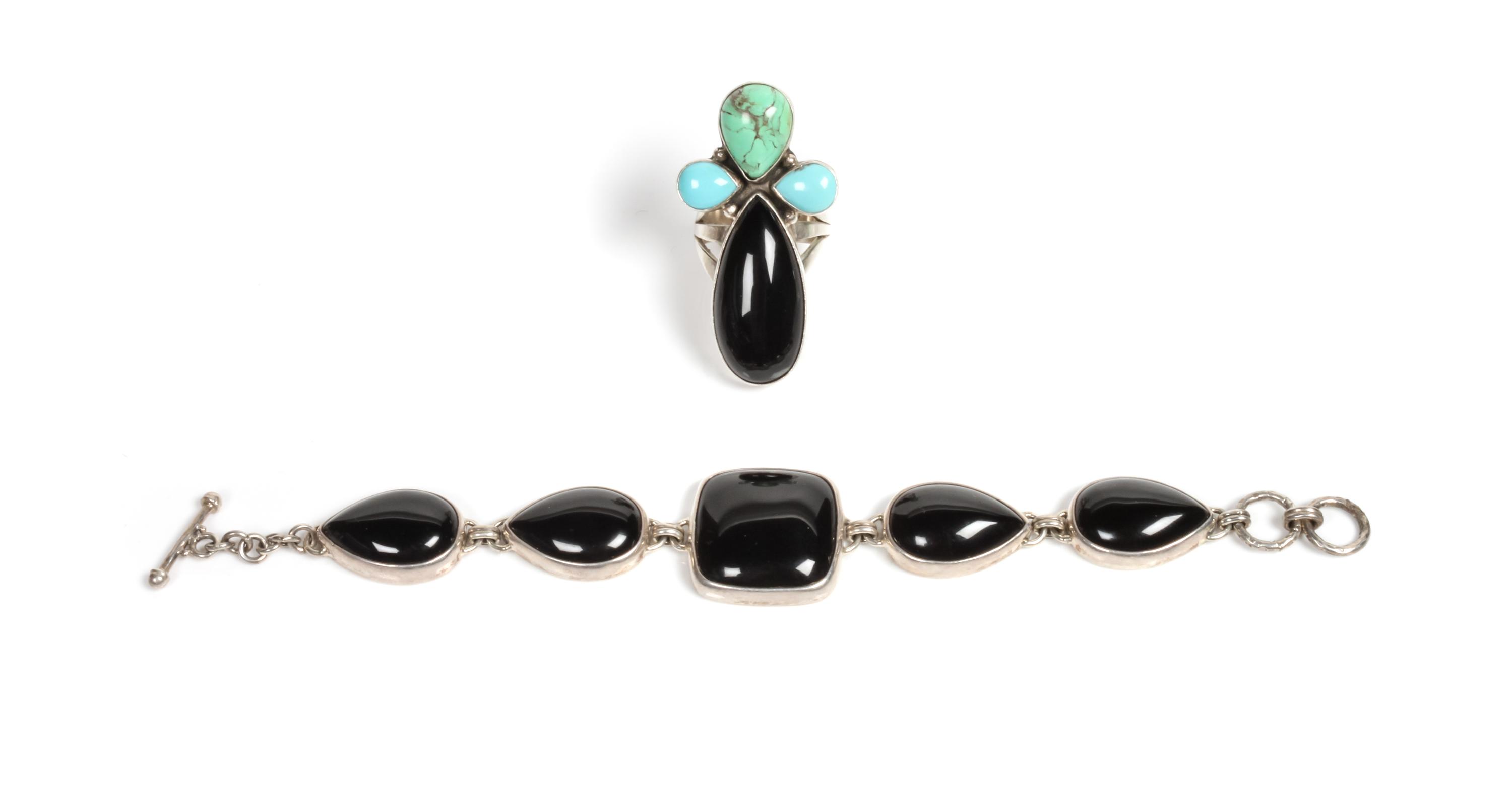 Southwestern Silver and Onyx Link Bracelet and Ring Length of bracelet 6 1/2 inches