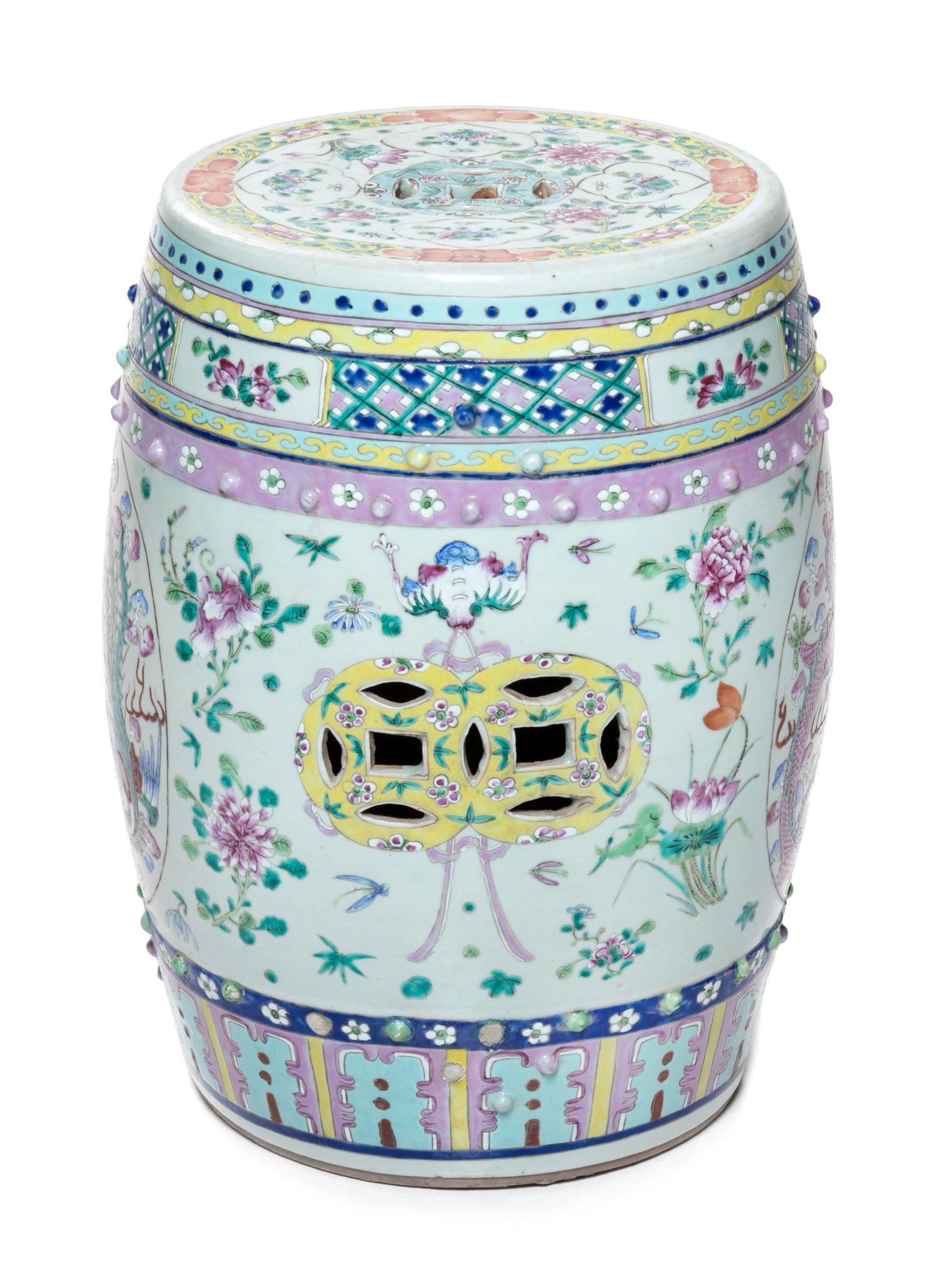 A Chinese Famille Rose Porcelain Garden Stool Height 18 1/4 inches. — 20TH CENTURY