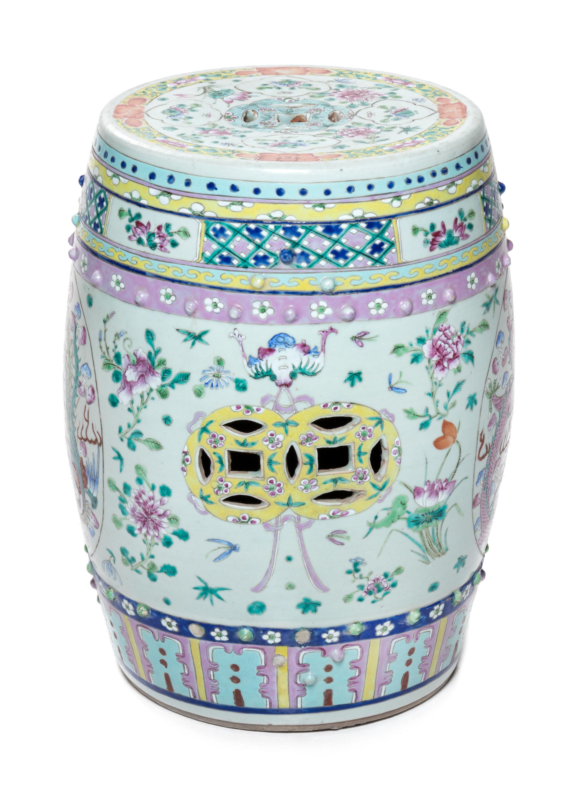 A Chinese Famille Rose Porcelain Garden Stool Height 18 1/4 inches. — 20TH CENTURY
