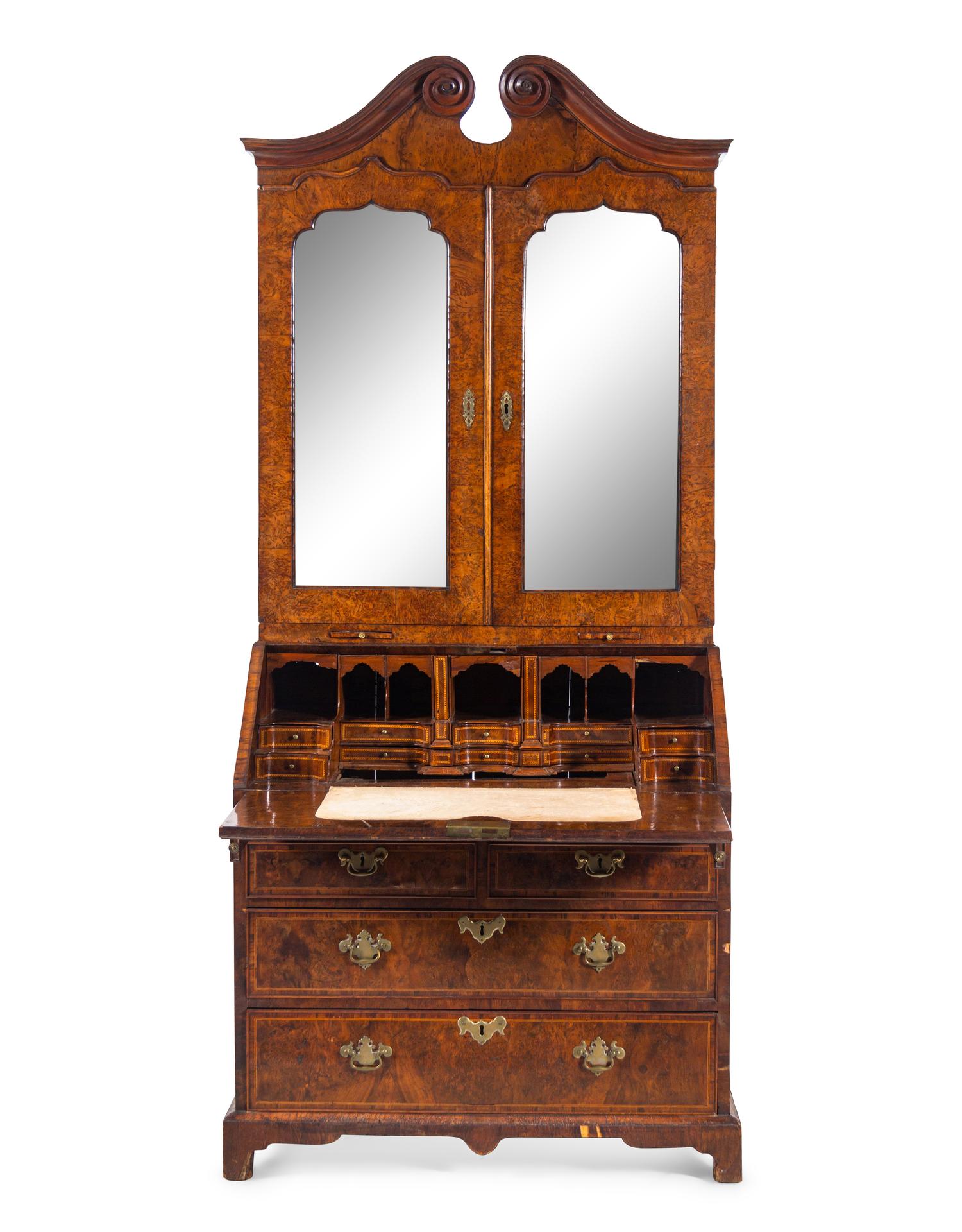A George I Burr Yew Wood Secretary Bookcase