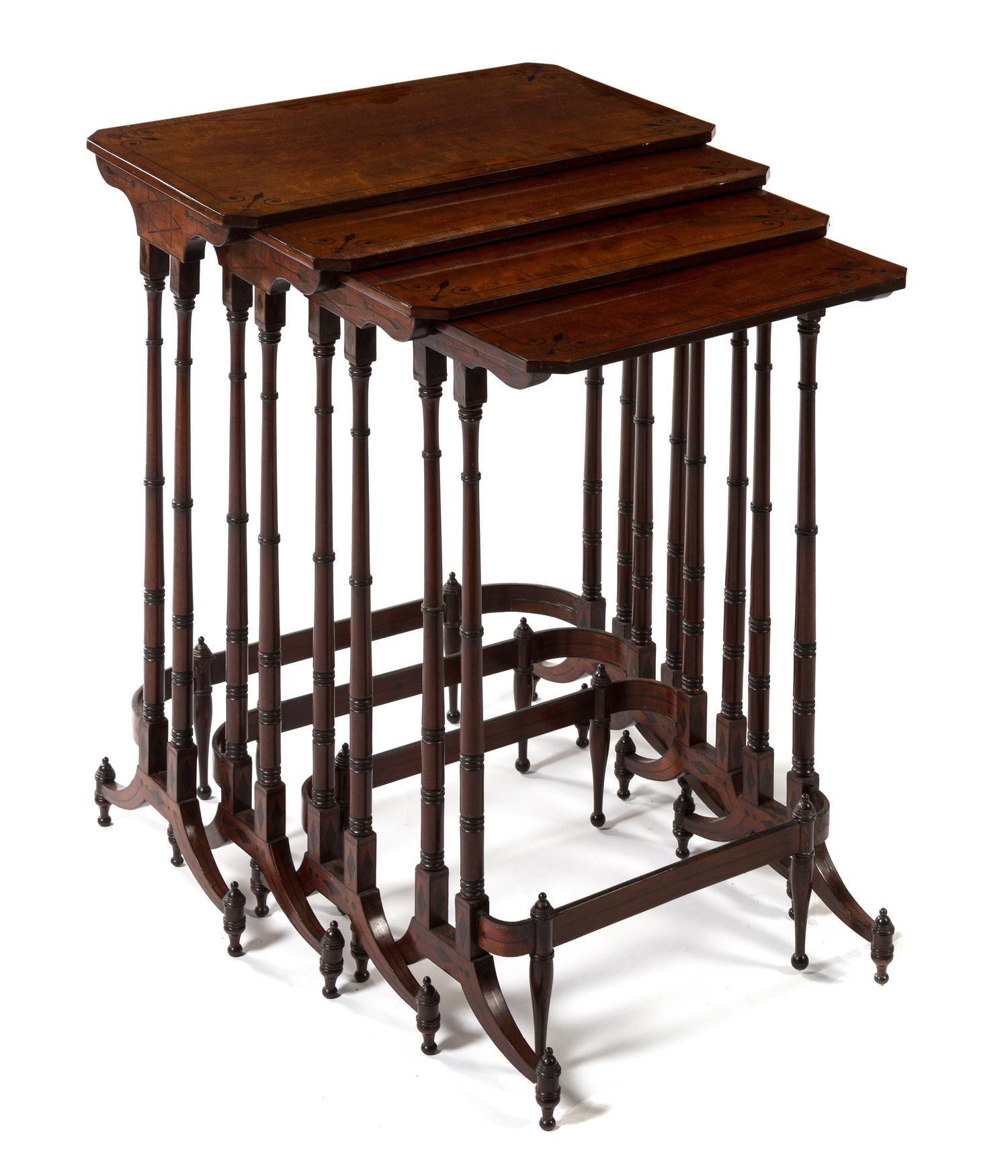 A Set of Regency Inlaid Mahogany Quartetto Tables Height 28 1/4 x diameter 22 / 13 inches. — 19TH CENTURY