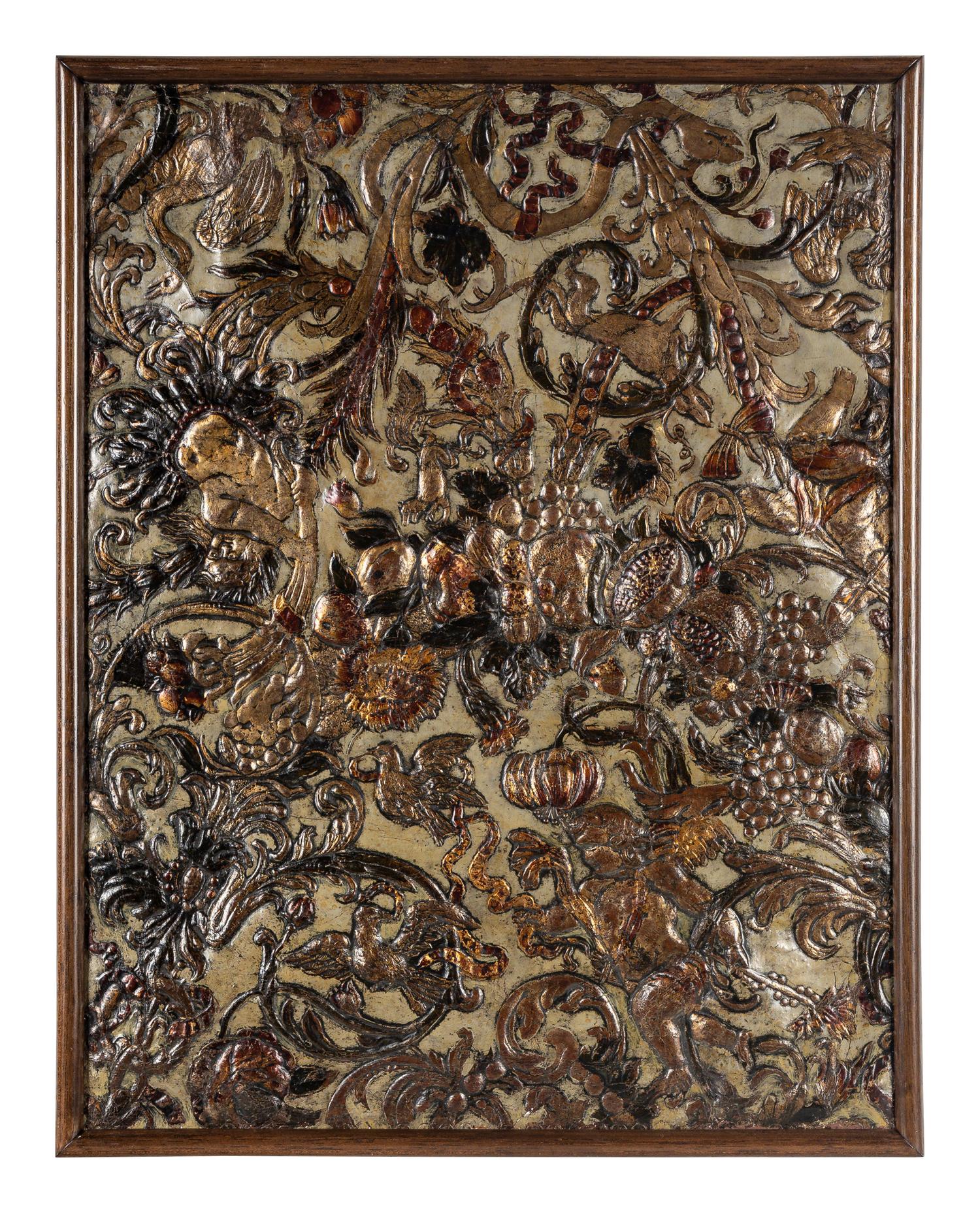 A Continental Tooled and Painted Leather Panel