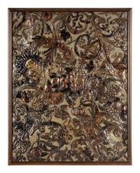 A Continental Tooled and Painted Leather Panel