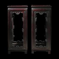 A Pair of Chinese Hong Mu , Incense Stands, 19th Century 清晚期 紅木拐子龍紋香幾一對