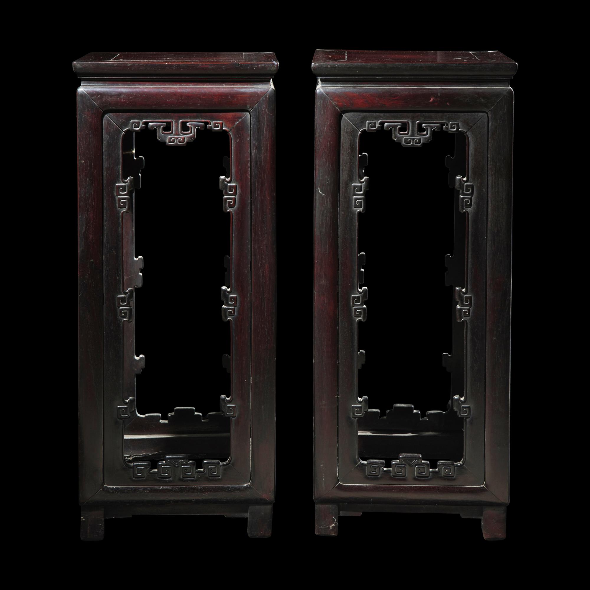 A Pair of Chinese Hong Mu , Incense Stands, 19th Century 清晚期 紅木拐子龍紋香幾一對