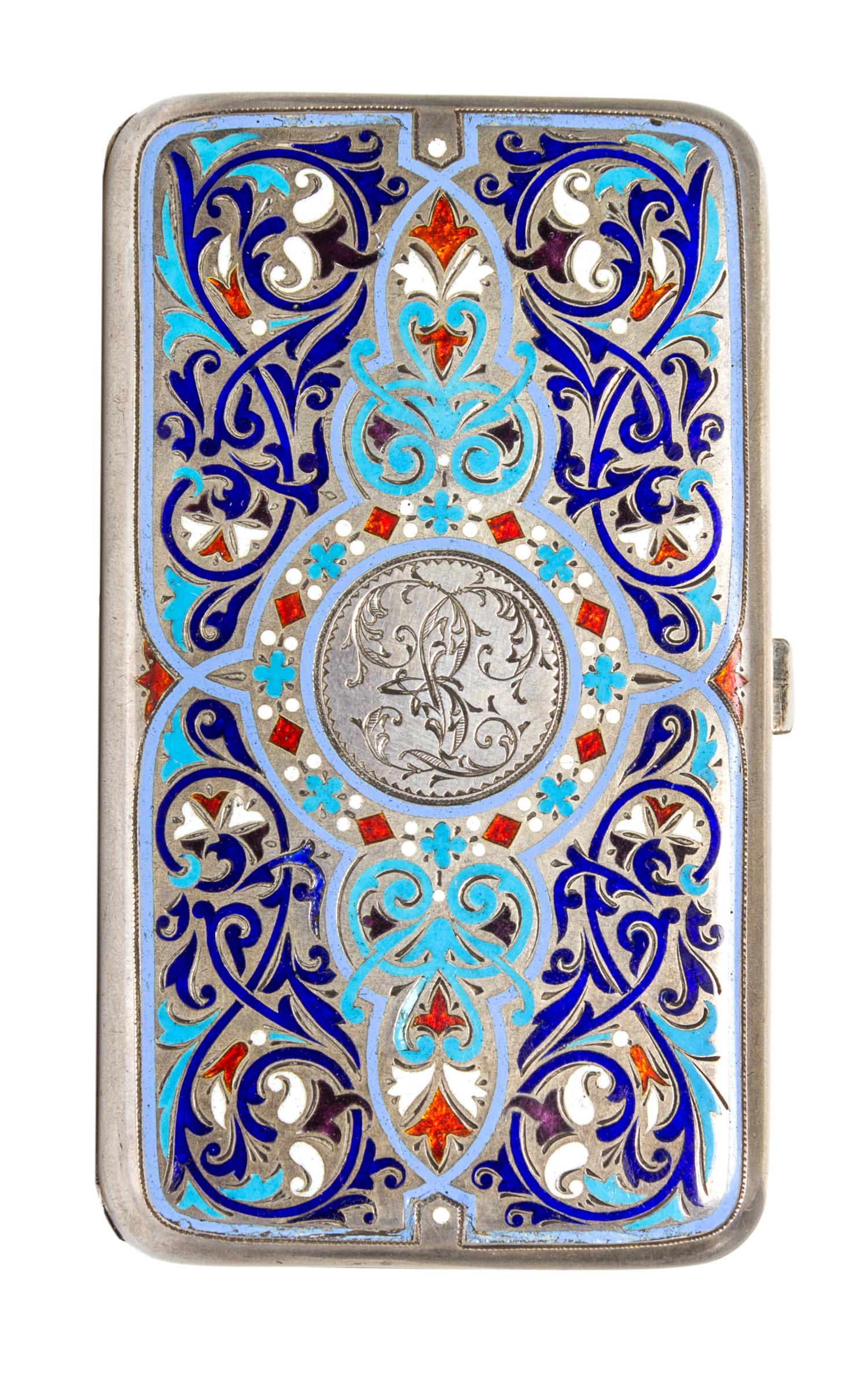 A Russian Enameled Silver Cigarette Case, Ivan Khlebnikov, Moscow, Late 19th Century, of rectangular form with polychrome stylized scro