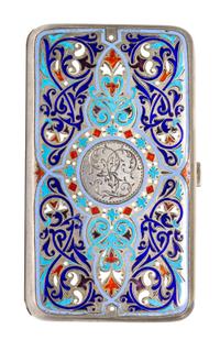 A Russian Enameled Silver Cigarette Case, Ivan Khlebnikov, Moscow, Late 19th Century, of rectangular form with polychrome stylized scro