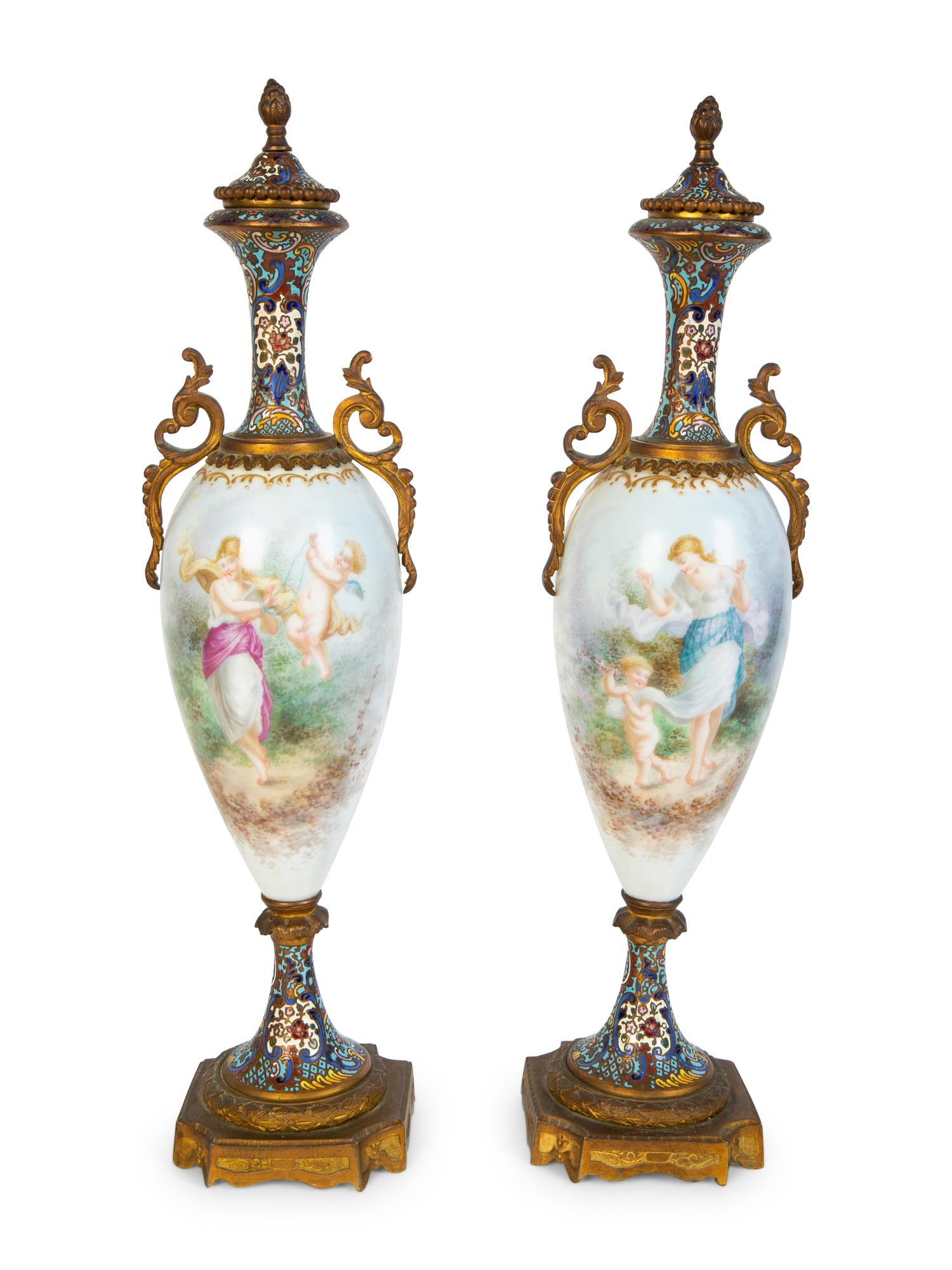 A Pair of Sevres Porcelain and Champleve Gilt Bronze Mounted Vases — 19TH CENTURY