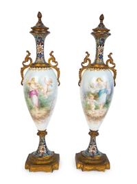 A Pair of Sevres Porcelain and Champleve Gilt Bronze Mounted Vases — 19TH CENTURY