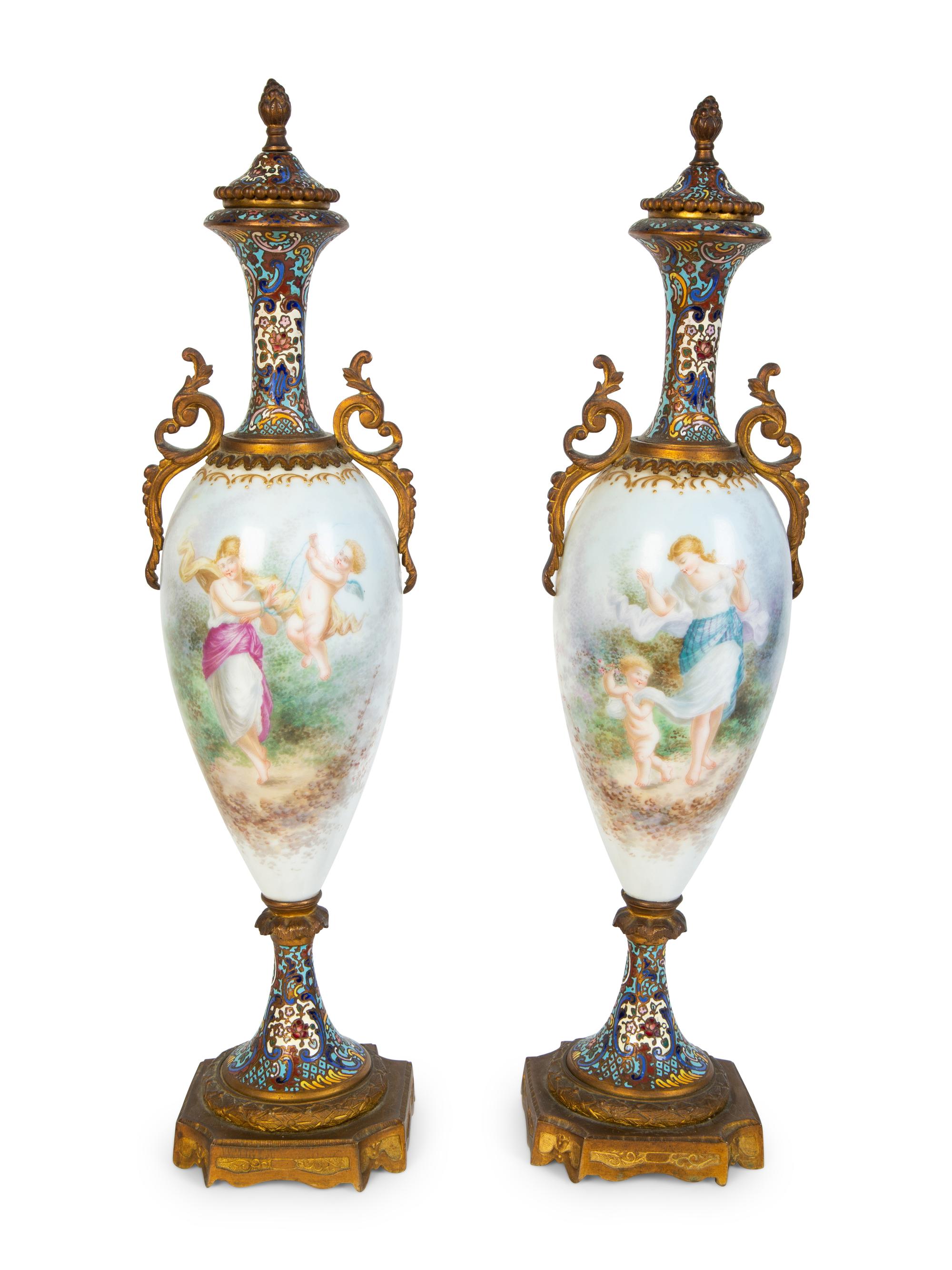 A Pair of Sevres Porcelain and Champleve Gilt Bronze Mounted Vases — 19TH CENTURY