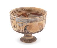 A Mediterranean Terra Cotta Footed Bowl Height 3 x diameter 3 1/2 inches.