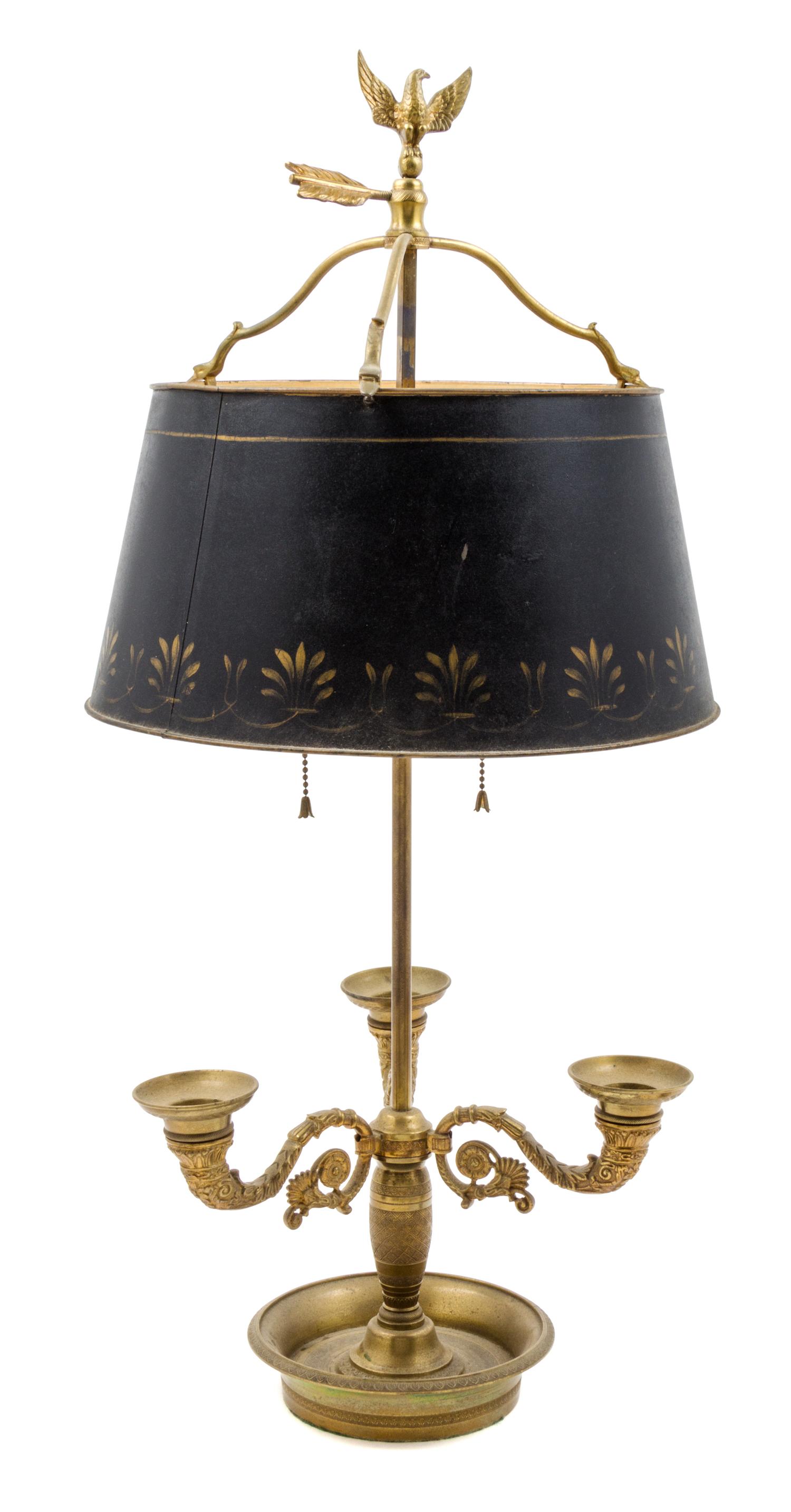 An Empire Style Gilt Bronze Three-Light Bouillotte Lamp Height 30 inches.