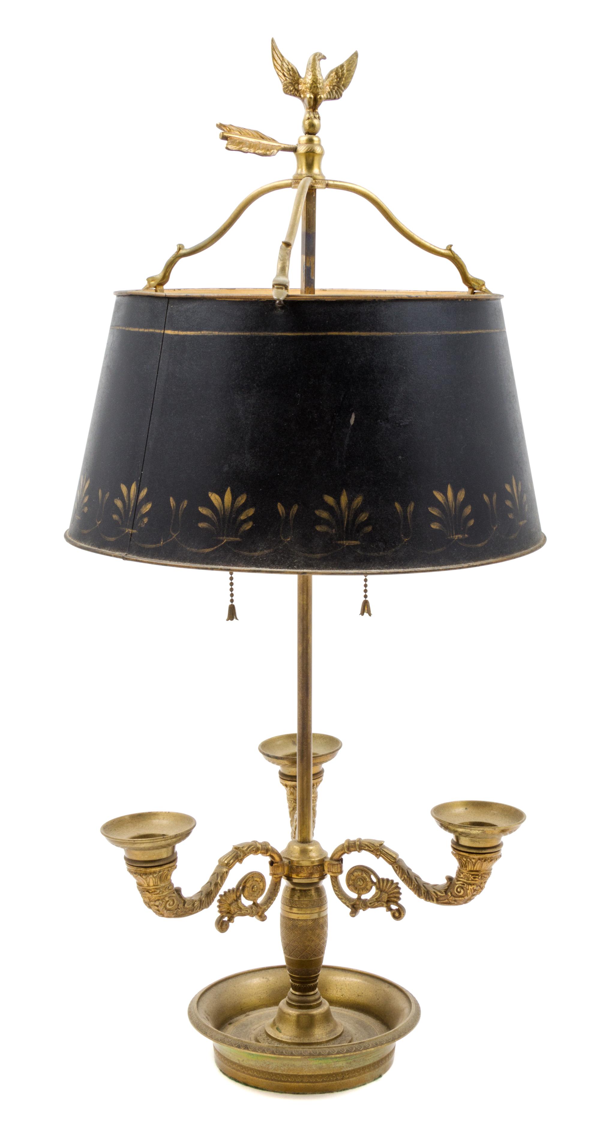 An Empire Style Gilt Bronze Three-Light Bouillotte Lamp Height 30 inches.