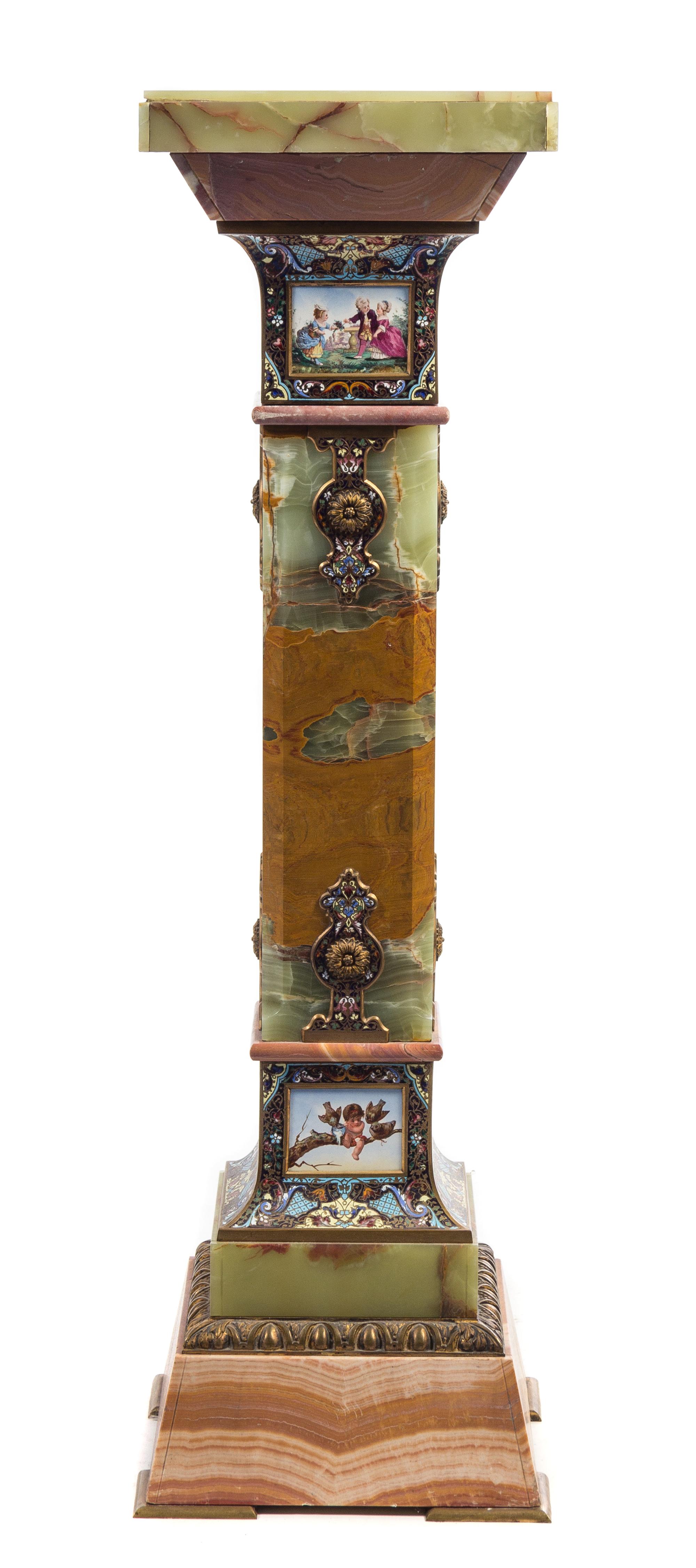 A Continental Gilt Bronze Mounted Onyx and Champleve Pedestal Height 44 1/2 inches.