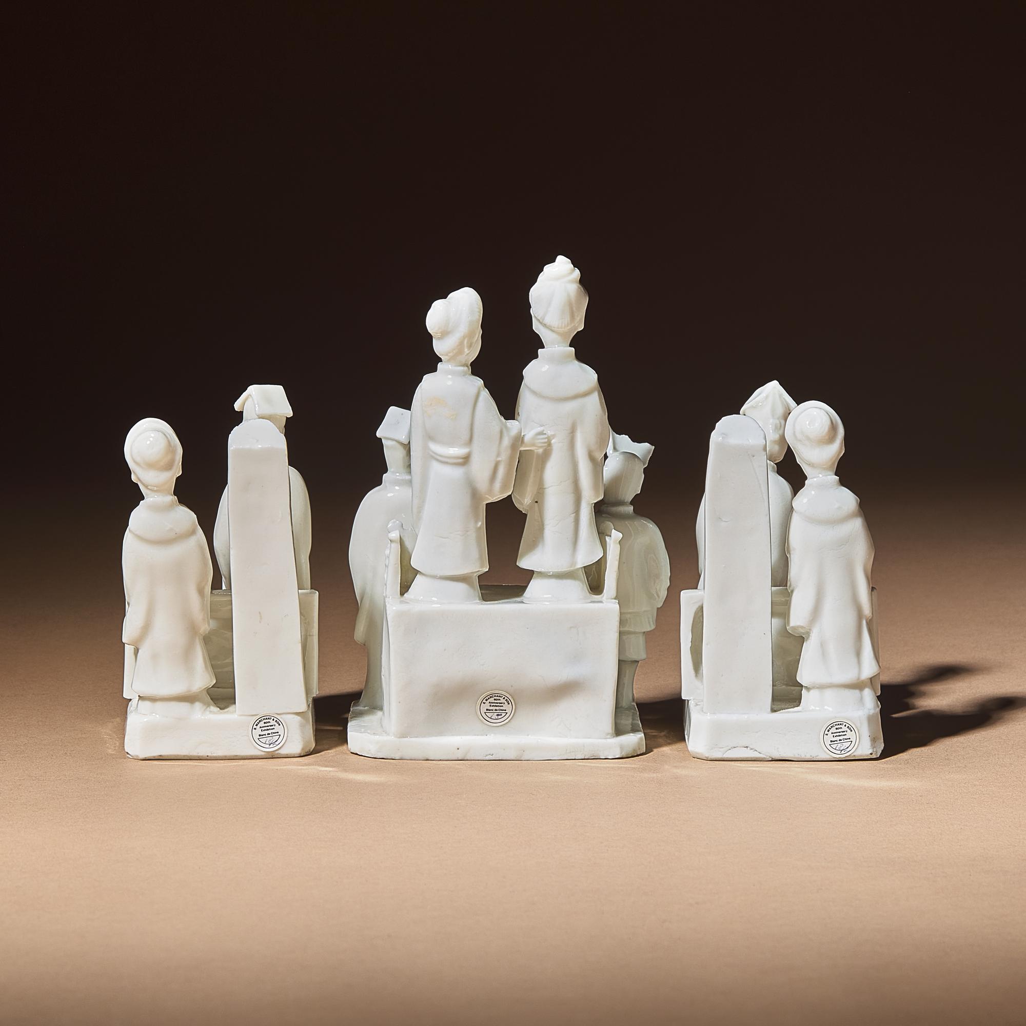Three Chinese Blanc-de-Chine Porcelain Figural Group-Form Joss-Stick Holders, 17th Century — 清早期 德化白瓷塑人像香插三件