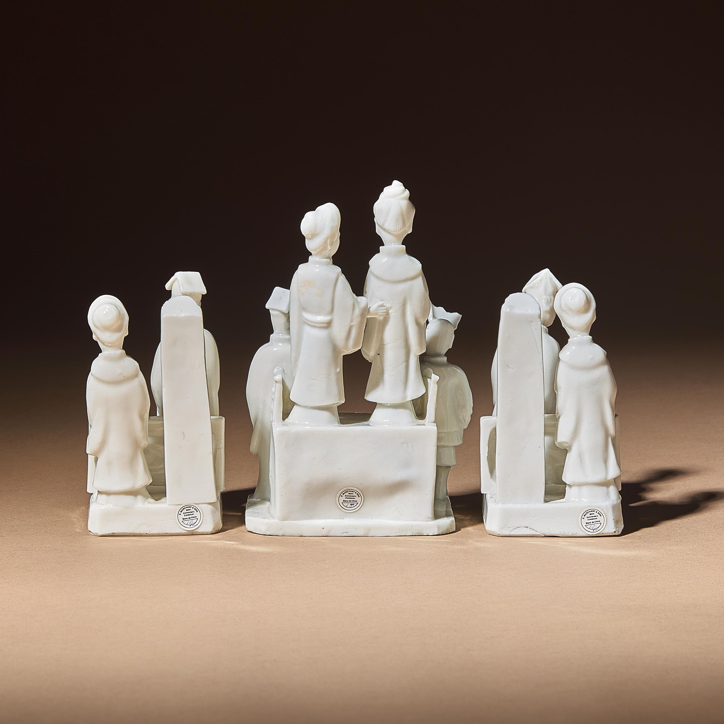 Three Chinese Blanc-de-Chine Porcelain Figural Group-Form Joss-Stick Holders, 17th Century — 清早期 德化白瓷塑人像香插三件