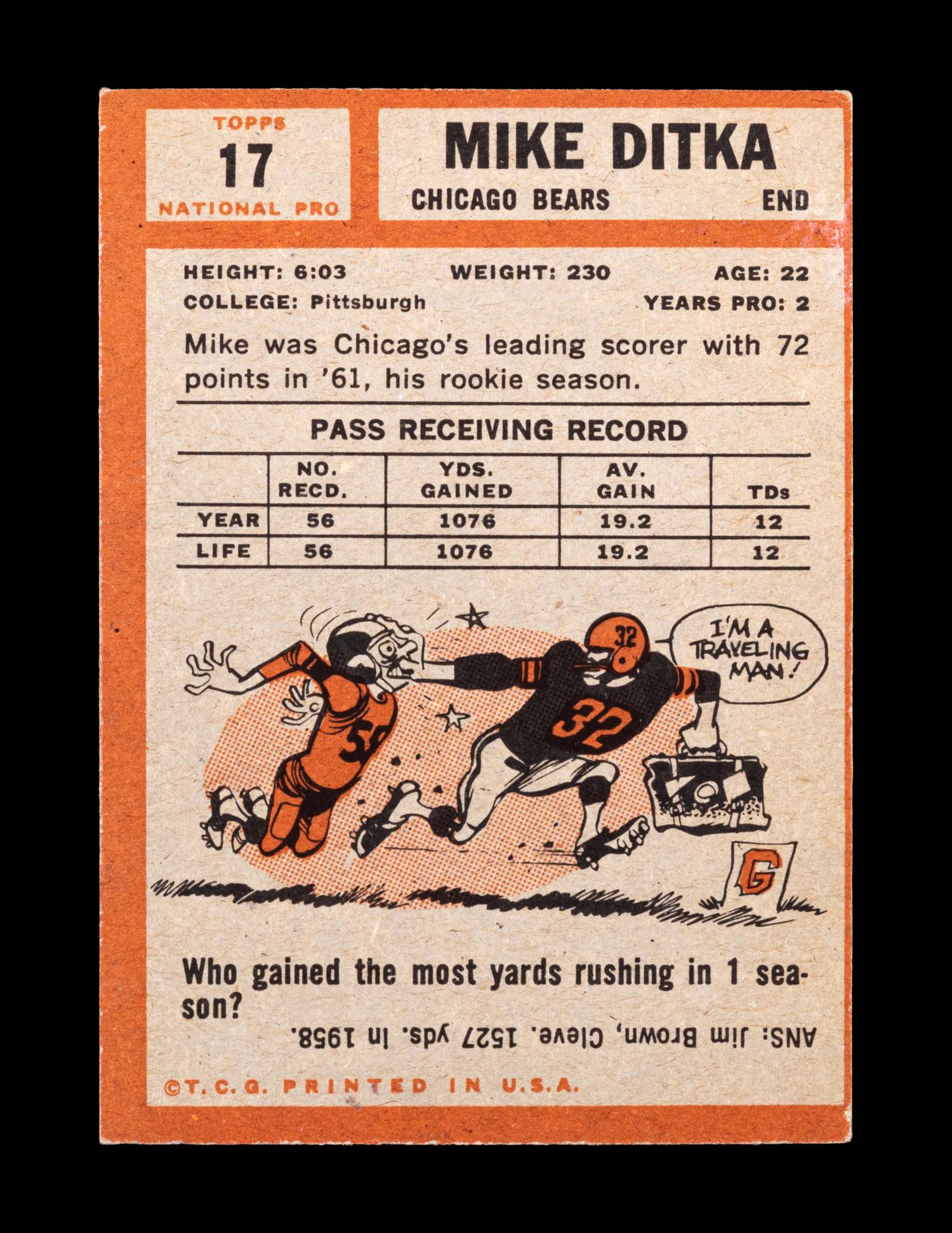 A 1962 Topps Mike Ditka Rookie Football Card No. 17