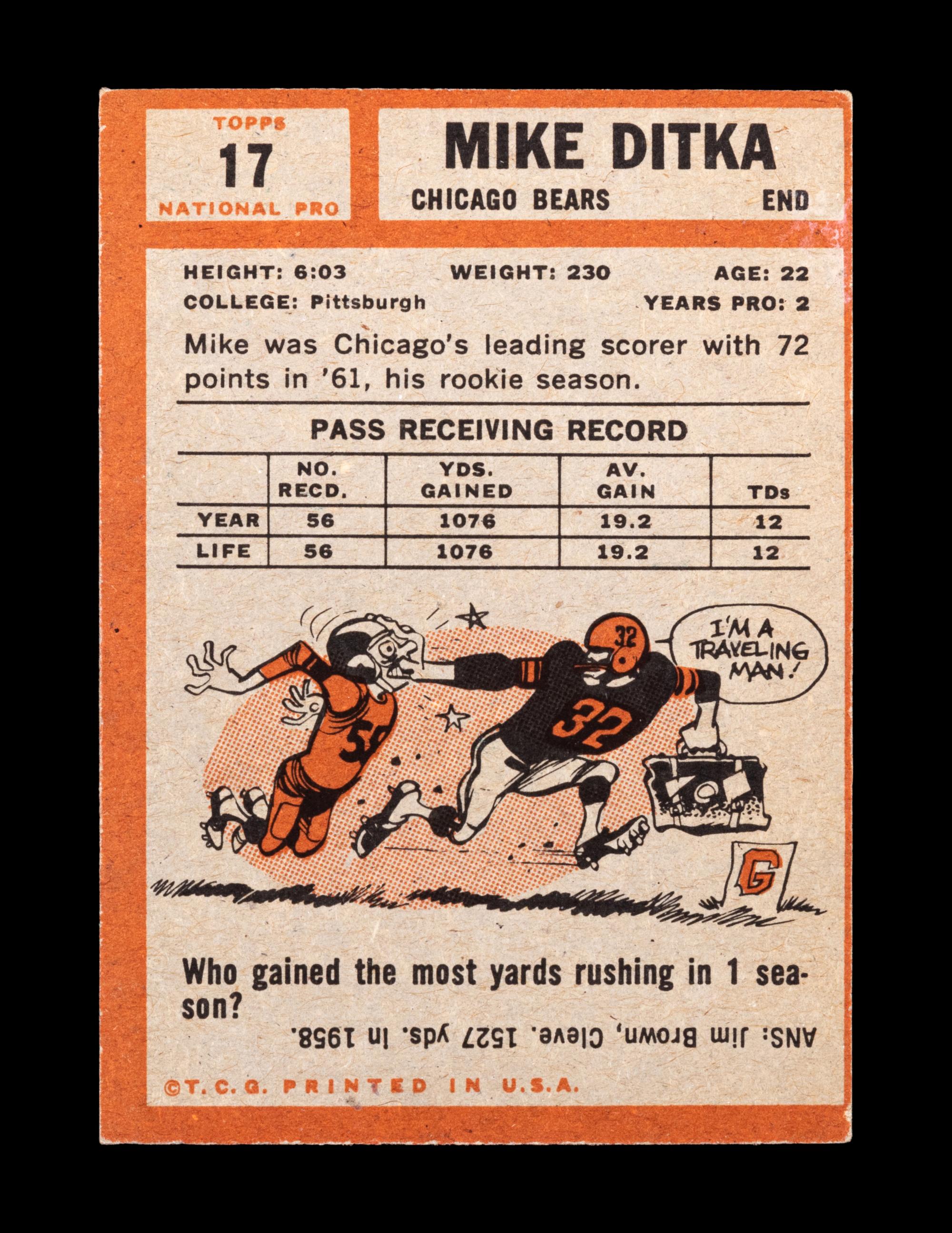 A 1962 Topps Mike Ditka Rookie Football Card No. 17