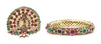 A Collection of Yellow Gold, Emerald, Ruby and Sapphire Jewelry, 51.40 dwts.