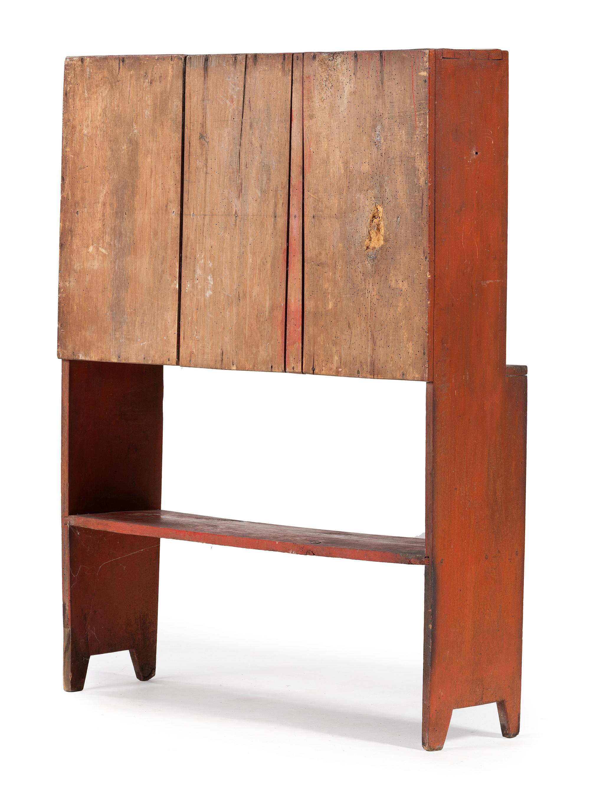A Country Red Painted Cherrywood Four-Tier Bucket Shelf