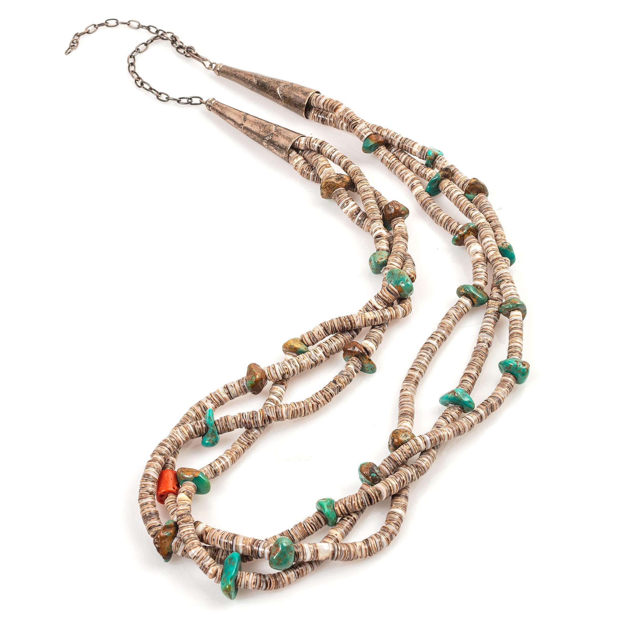 Three-Strand Necklace Strung with Heishi, Turquoise, and Coral