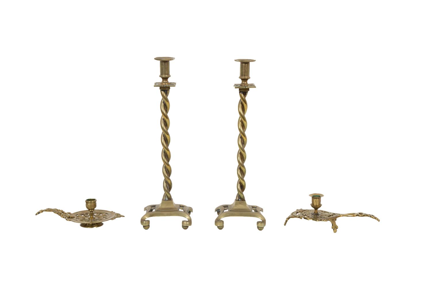 A Pair of Brass Candlesticks and a Pair of Chambersticks