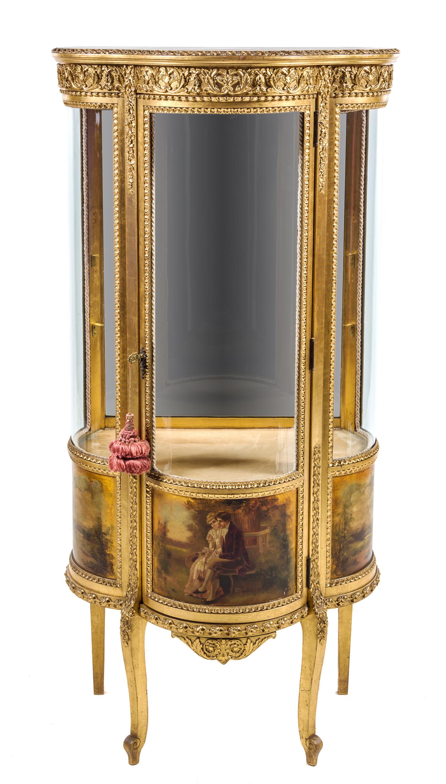 A Louis XV Style Giltwood and Vernis Martin Vitrine Height 57 1/2 x width 27 x depth 17 inches. — 19TH/20TH CENTURY
