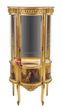 A Louis XV Style Giltwood and Vernis Martin Vitrine Height 57 1/2 x width 27 x depth 17 inches. — 19TH/20TH CENTURY