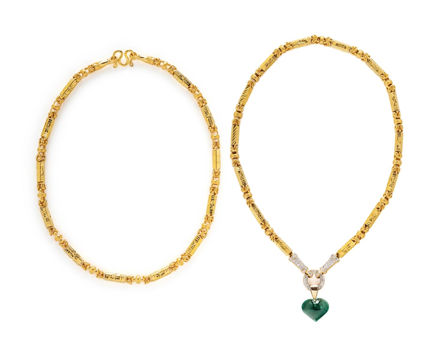 A HIGH KARAT YELLOW GOLD BYZANTINE FANCY LINK NECKLACE AND DIAMOND AND TOURMALINE CONVERTIBLE NECKLACE