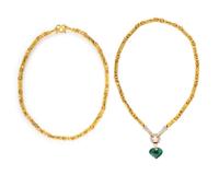 A HIGH KARAT YELLOW GOLD BYZANTINE FANCY LINK NECKLACE AND DIAMOND AND TOURMALINE CONVERTIBLE NECKLACE